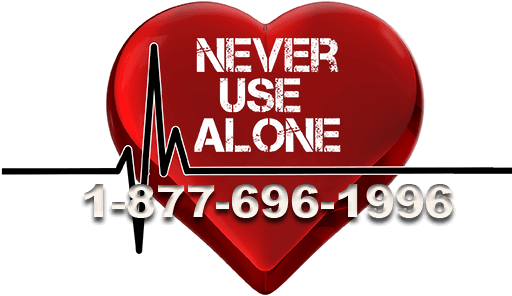 A heart graphic, Never Use Alone's logo
